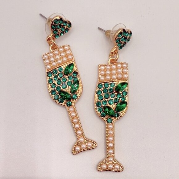 Elegant Green Rhinestone and Faux Pearl Studded Drink Earrings - Picture 1 of 7